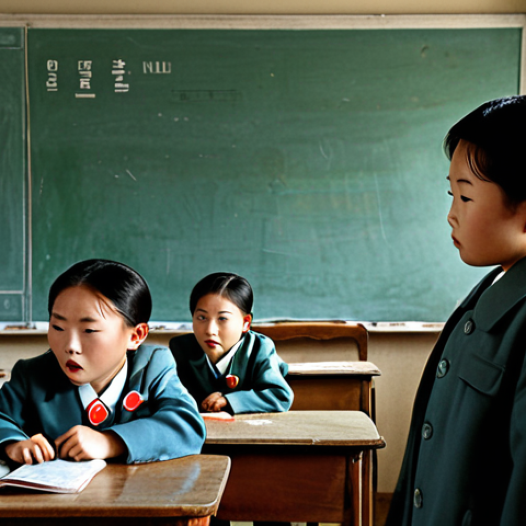 **Image Prompt:** A North Korean classroom with children being taught about Kim Il-sung, incorporating Juche ideology propaganda posters. The scene is brightly lit but conveys a sense of forced devotion. Consider adding a subtle element of modern technology (e.g., a hidden smartphone) to hint at external influences. Style: Socialist realism with a touch of modern documentary photography.