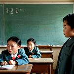 **Image Prompt:** A North Korean classroom with children being taught about Kim Il-sung, incorporating Juche ideology propaganda posters. The scene is brightly lit but conveys a sense of forced devotion. Consider adding a subtle element of modern technology (e.g., a hidden smartphone) to hint at external influences. Style: Socialist realism with a touch of modern documentary photography.