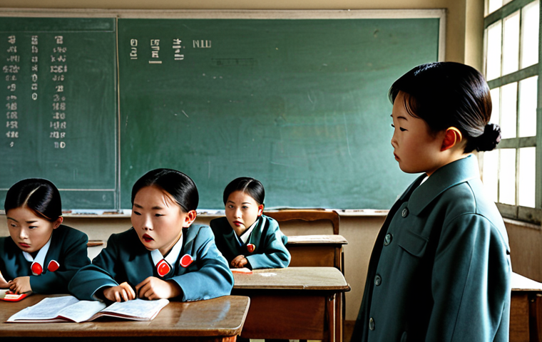 **Image Prompt:** A North Korean classroom with children being taught about Kim Il-sung, incorporating Juche ideology propaganda posters. The scene is brightly lit but conveys a sense of forced devotion. Consider adding a subtle element of modern technology (e.g., a hidden smartphone) to hint at external influences. Style: Socialist realism with a touch of modern documentary photography.