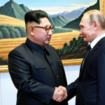 **Kim Jong-un and Vladimir Putin shaking hands at a summit meeting, symbolizing the strengthened diplomatic ties between North Korea and Russia. The background should subtly show elements representing economic cooperation, such as infrastructure projects and trade.**