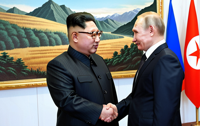 **Kim Jong-un and Vladimir Putin shaking hands at a summit meeting, symbolizing the strengthened diplomatic ties between North Korea and Russia. The background should subtly show elements representing economic cooperation, such as infrastructure projects and trade.**